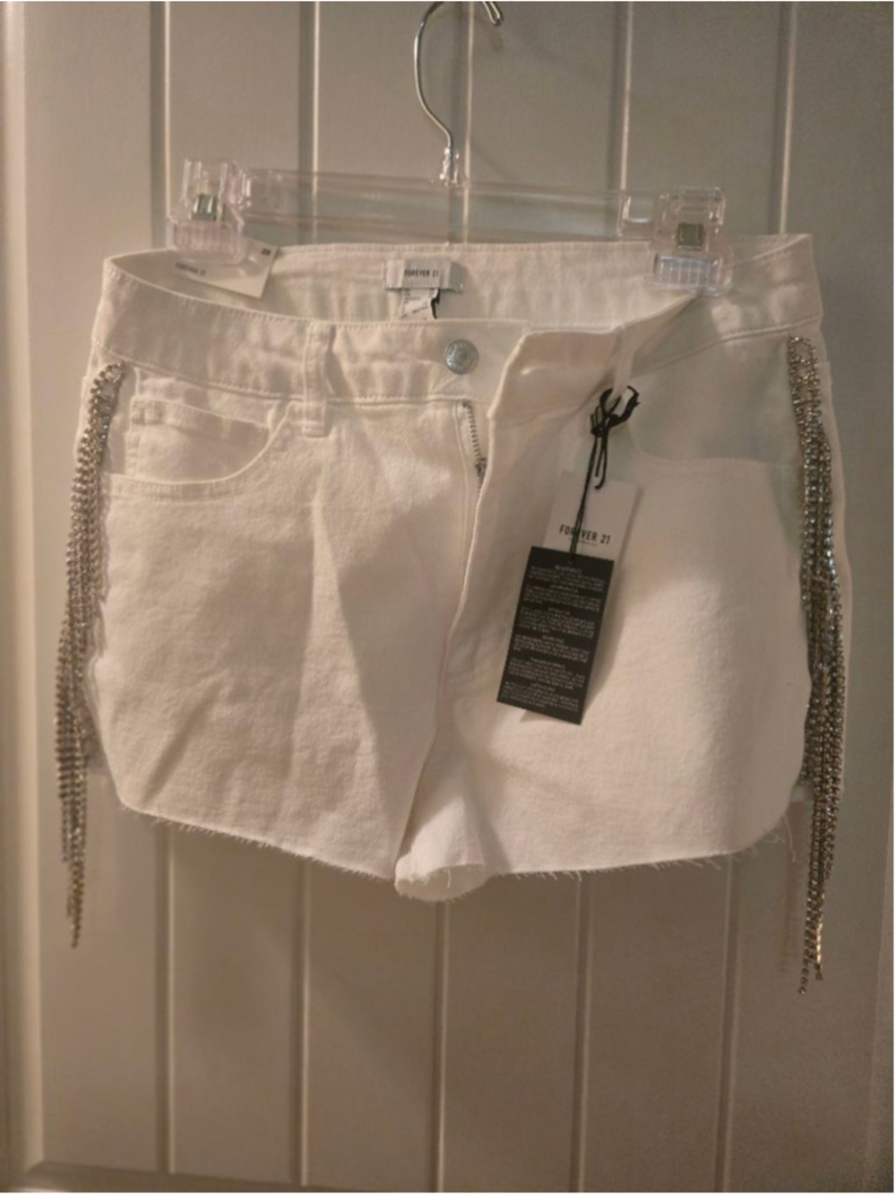 Women's FOREVER 21 White Jean Shorts with Silver Rhinestones Size 29